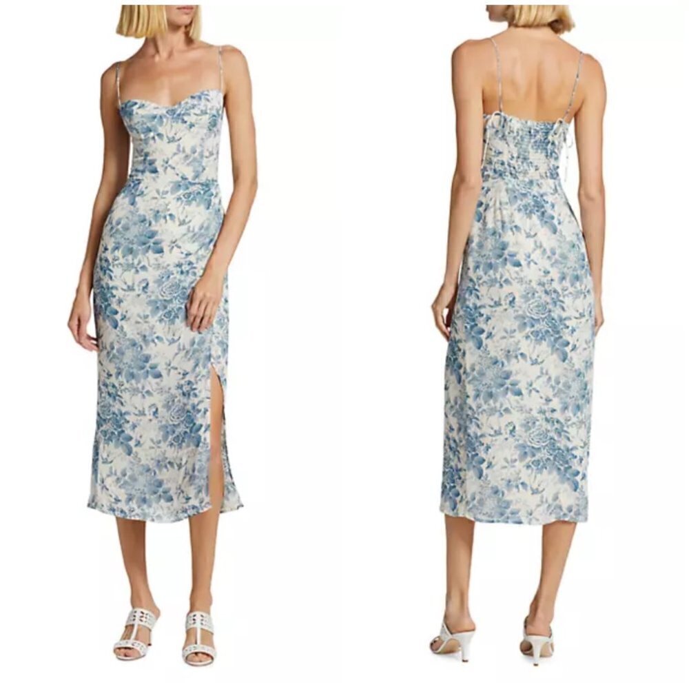 💕REFORMATION💕 Kourtney Dress ~ Pompadour Blue Floral Bird Print 4 NWT - Picture 5 of 16